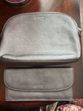 Coach Metallic Gray Cosmetic Pouch and Wallet Set